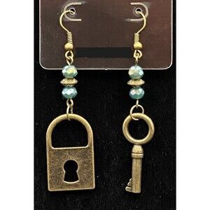 Handmade Lock & Key with AB Teal Crystal Bronze Tone Earrings by Neanie-Bot